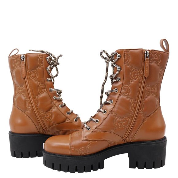Gucci  Lace Up 60mm GG Matelasse Lux Nappa Leather Combat Boots Dark Brown 7183 - Picture 2 of 14